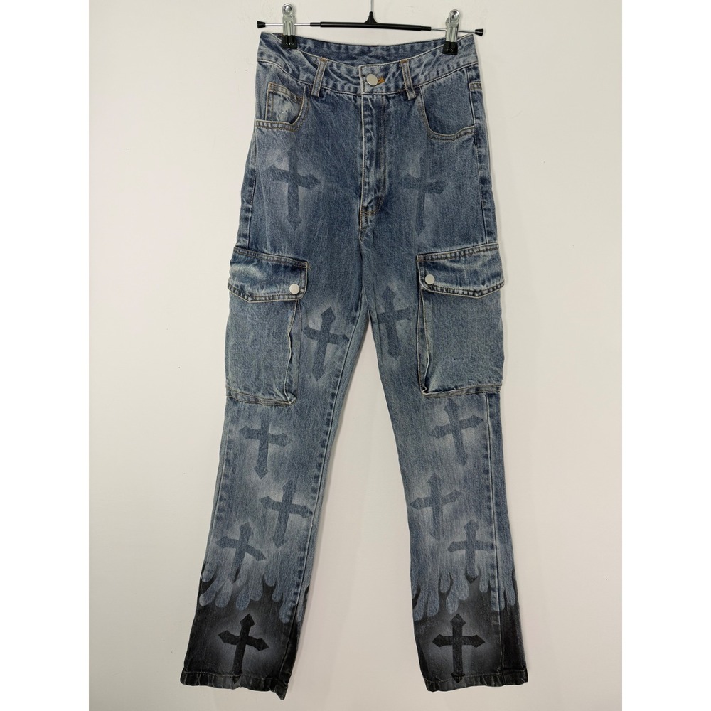 Aelfric Eden Cross Print Flame Hem Cargo Jeans Blue Denim Streetwear Size 25